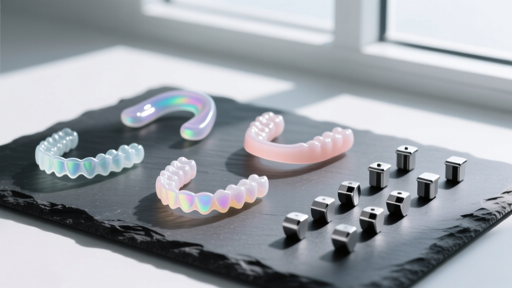 Flat lay of 16-gauge bioflex retainers and titanium studs on dark slate, comparing flexible polymers and rigid implant metals.