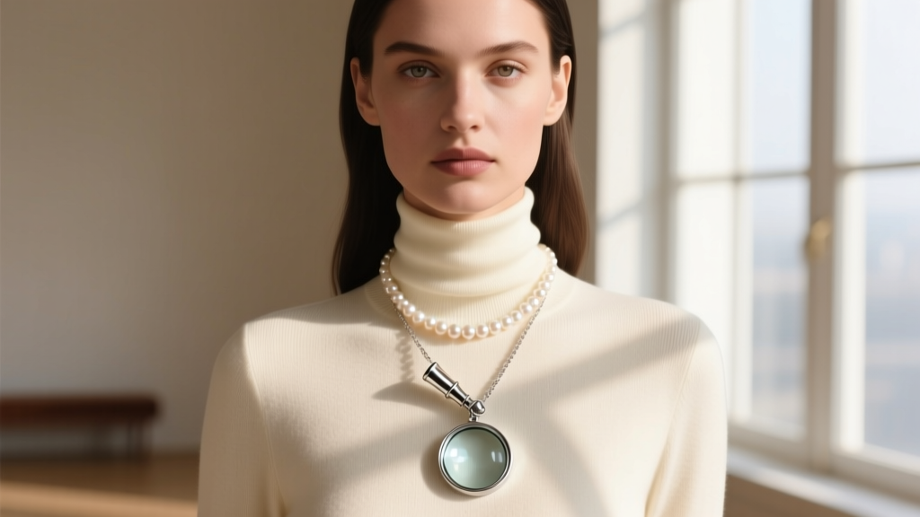 Model in a cream turtleneck layered with a 24-inch silver magnifying glass necklace and a pearl choker under soft natural light