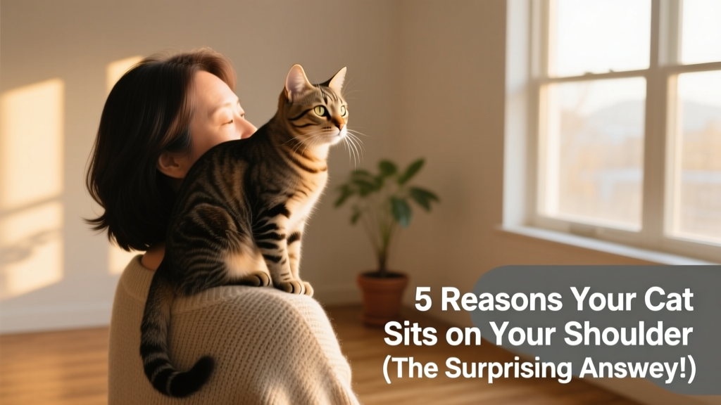A relaxed cat sitting contentedly on its owner's shoulder, looking out over the room with calm curiosity