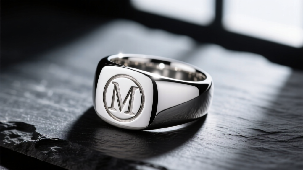 Macro shot of an 8mm mens signet ring in polished Argentium silver resting on dark slate with dramatic side lighting for texture