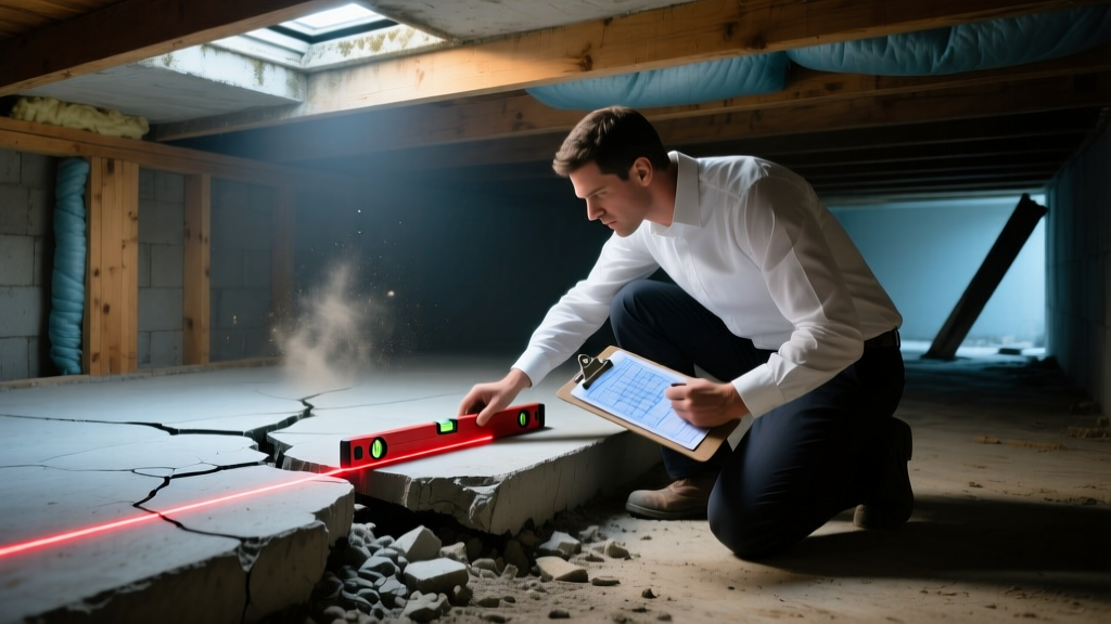 Structural engineer inspecting a cracked concrete slab foundation with a laser level and clipboard in a dimly lit residential crawl space