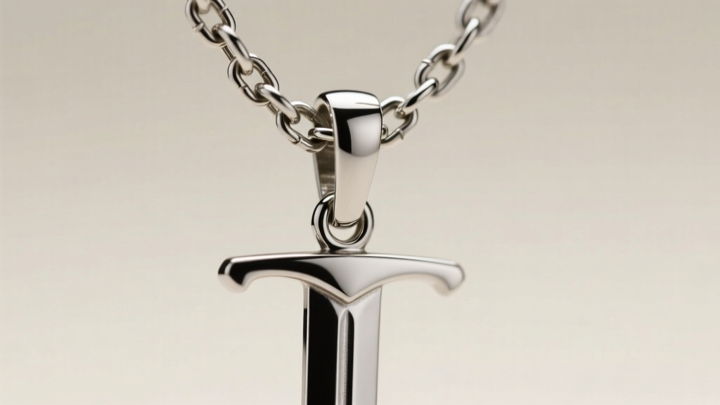 Macro shot of a 3mm steel box chain threaded through a sword bail, showing secure pendant attachment under soft studio lighting.