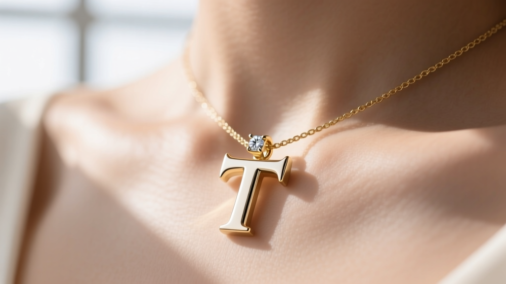 Close-up of a solid 18k white gold horizontal letter T pendant with a hidden diamond-cut bail resting flat on a model collarbone
