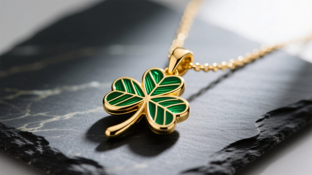 Macro photo of a 14k yellow gold shamrock necklace pendant with vibrant green guilloché enamel resting on a dark slate surface