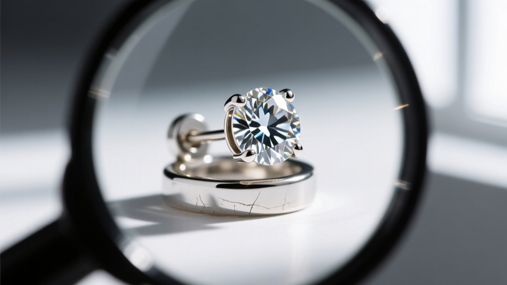 Loupe view of a diamond cluster earring, focusing on a lifted micro-prong and rhodium wear on the white gold metal base setting.