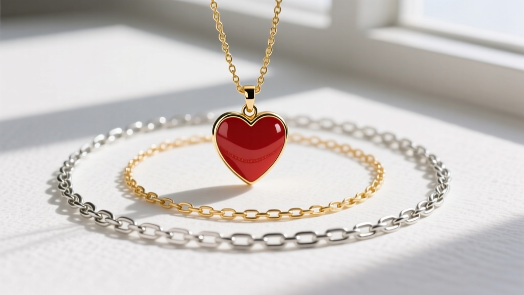 Three layered necklaces featuring a 16-inch gold chain, a Jennifer Miller enamel heart pendant, and a 20-inch paperclip chain.