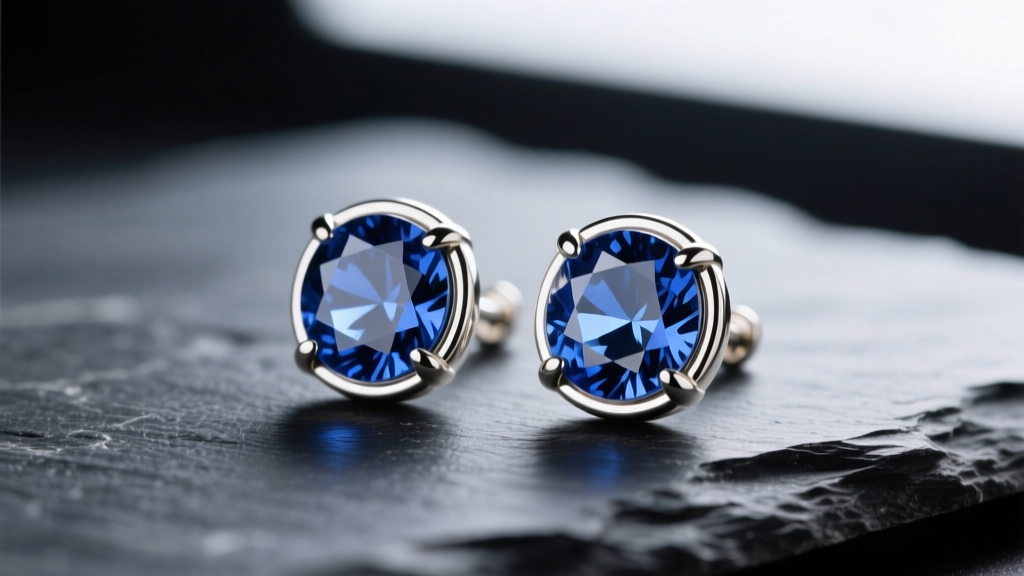 Close-up of 2-carat unheated Ceylon blue natural sapphire stud earrings in 18k white gold halos, resting on dark slate.