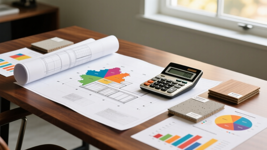 Architectural blueprints spread across a wooden desk next to a calculator, regional cost index charts, and fiber cement siding samples