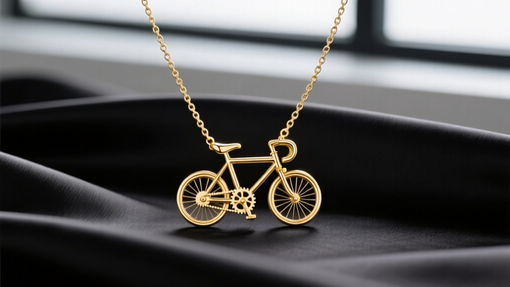 Minimalist 14k gold bike necklace on black silk, soft studio lighting highlighting the delicate box chain and tiny bicycle frame.
