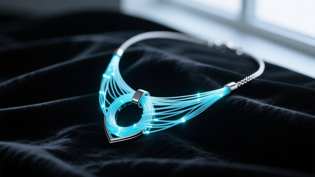 Close-up of a glowing fiber optic necklace pendant resting on dark velvet, emitting soft cyan light with visible wire strands