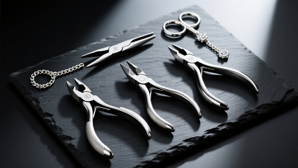 Top-down view of a jewelry pliers set with chain-nose, round-nose, and flush cutters resting on a dark slate workbench surface.