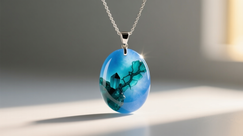Polished blue jadeite pendant on a silver chain, revealing deep teal mineral inclusions under soft, diffused natural window light