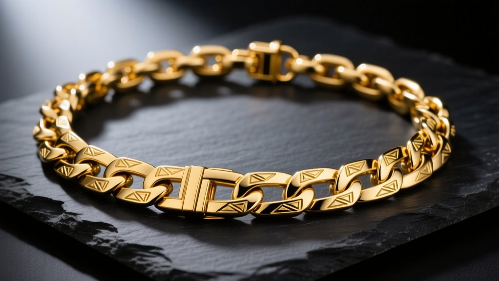Close-up of a thick 18k gold 22 inch mens necklace resting on a dark slate surface, illuminated by dramatic studio lighting.