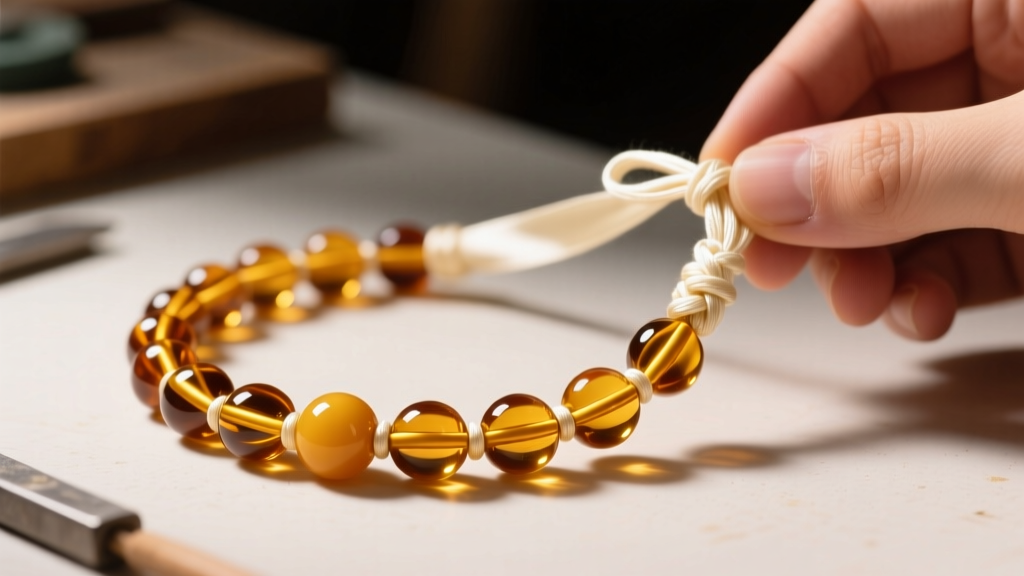 Workbench showing amber necklace beads strung on cream silk thread with hand-tied knots separating each polished golden bead.