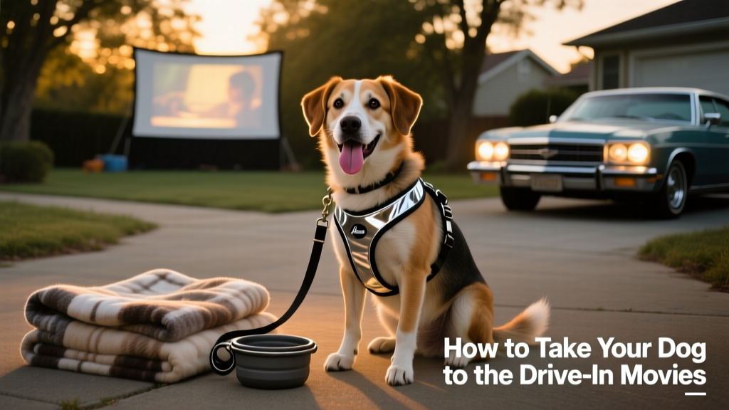 Dog wearing a reflective harness and leash, sitting calmly beside a folded blanket and collapsible travel bowl under soft evening light