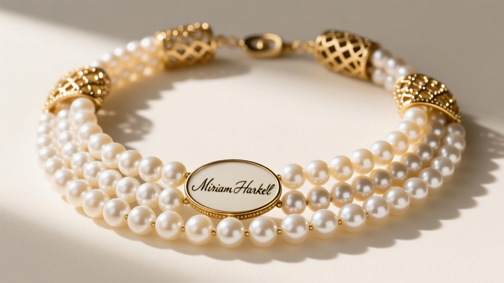 Side view of a multi-layered Miriam Haskell pearl necklace showing intricate gold filigree bead caps and an oval hallmark plaque.