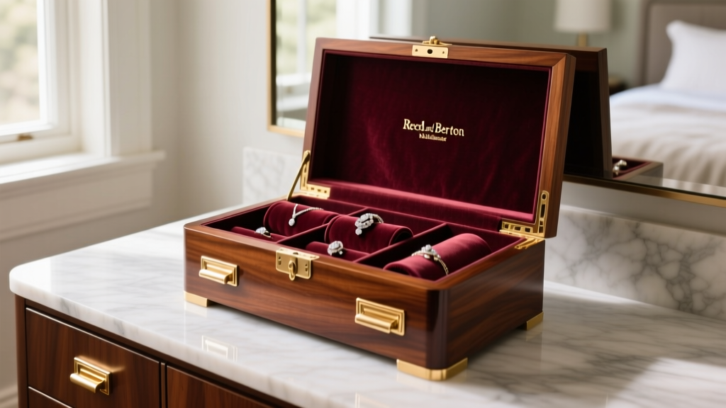 Open Reed and Barton mahogany jewelry chest on a vanity, showing plush burgundy velvet ring rolls and polished brass drawer pulls