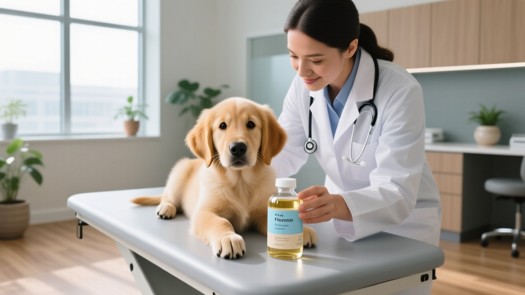 A veterinarian examining a healthy golden retriever puppy while holding a bottle of purified liquid fish oil supplement.