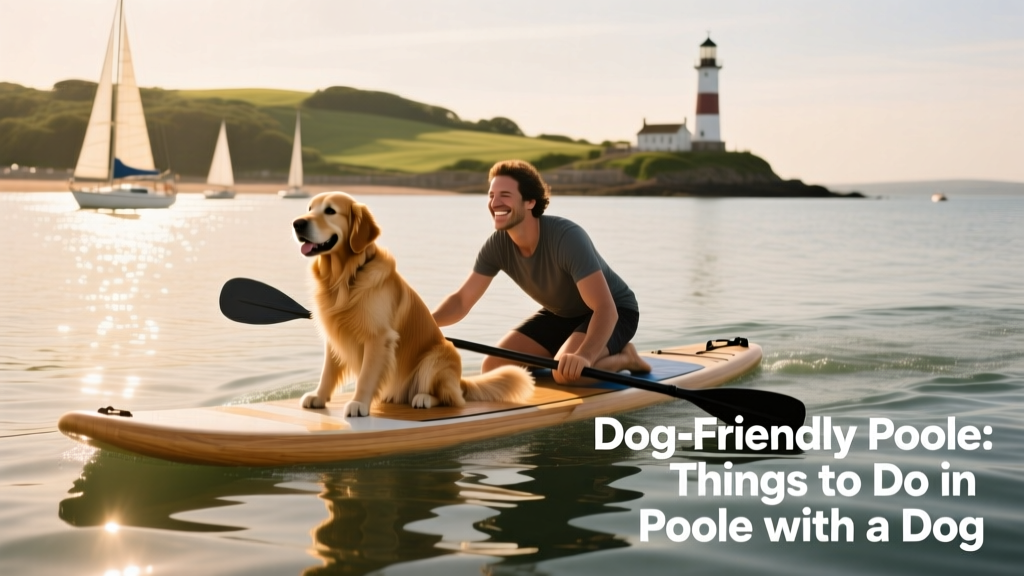 A dog and pet parent paddle-boarding in Poole Harbour.