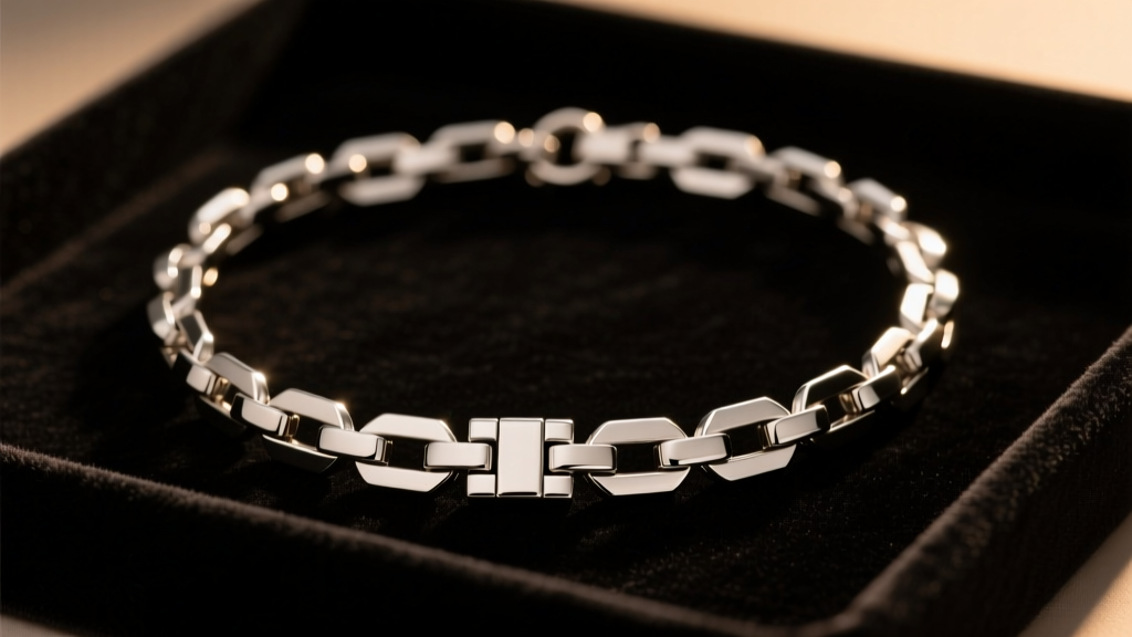 Steel figaro links necklace with a box clasp and safety catches, displayed flat on a dark velvet tray under warm directional light.