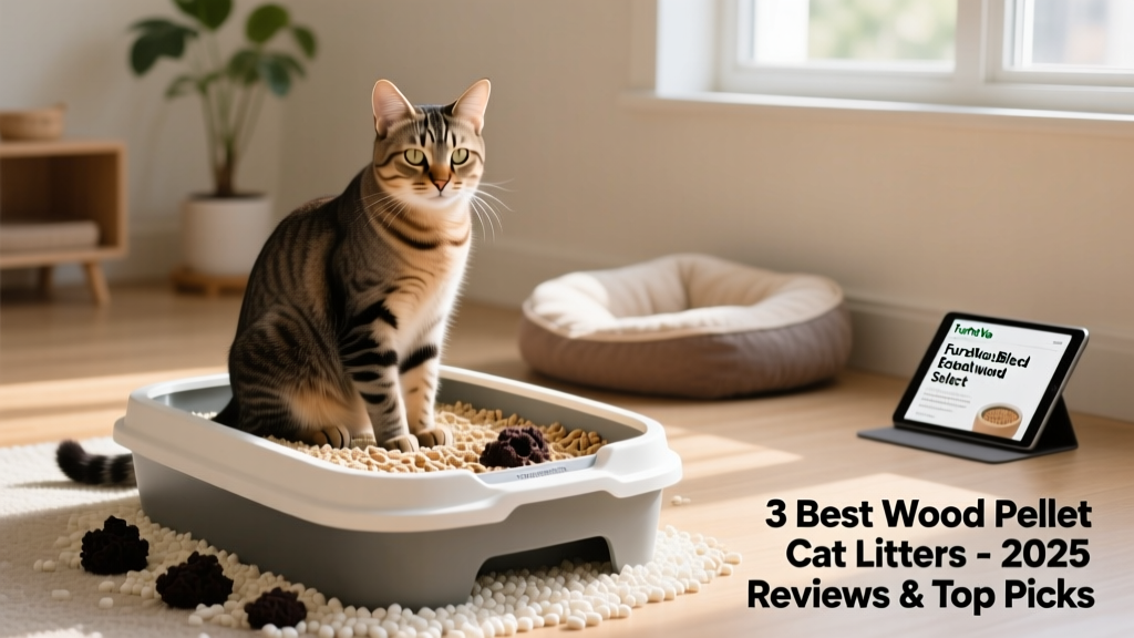 Cat comfortably using a litter box filled with FurPetVo EcoBlend Select, with visible darkened clumps and clean surrounding pellets