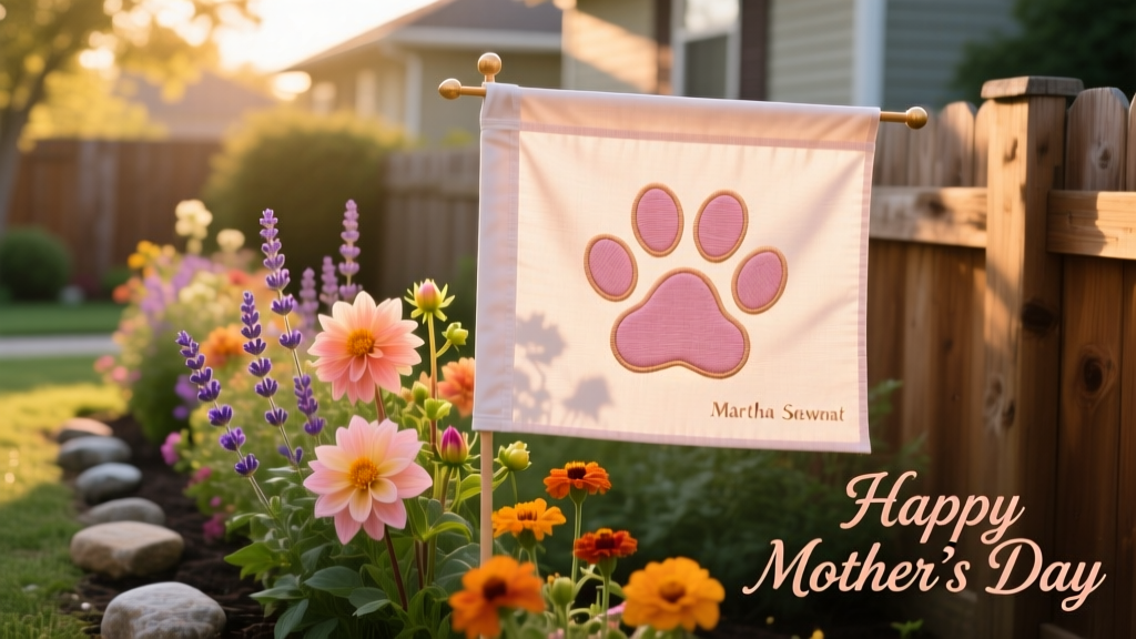 A vibrant garden flag with a heart-shaped paw print, displayed next to a row of colorful, non-toxic flowers