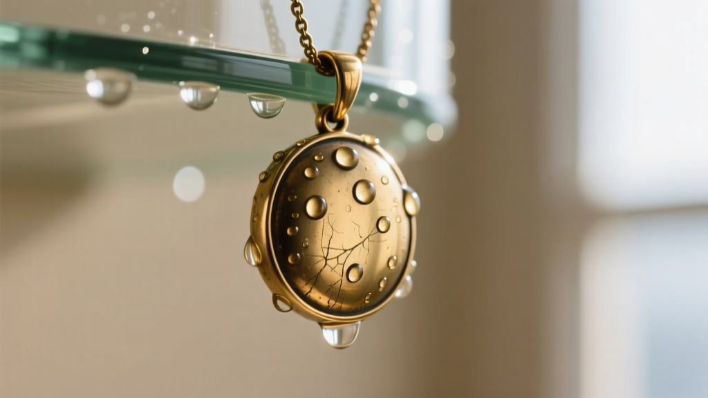 Macro shot of a brass mood pendant bezel with water spots near the glass edge, showing the need for careful dry cleaning.
