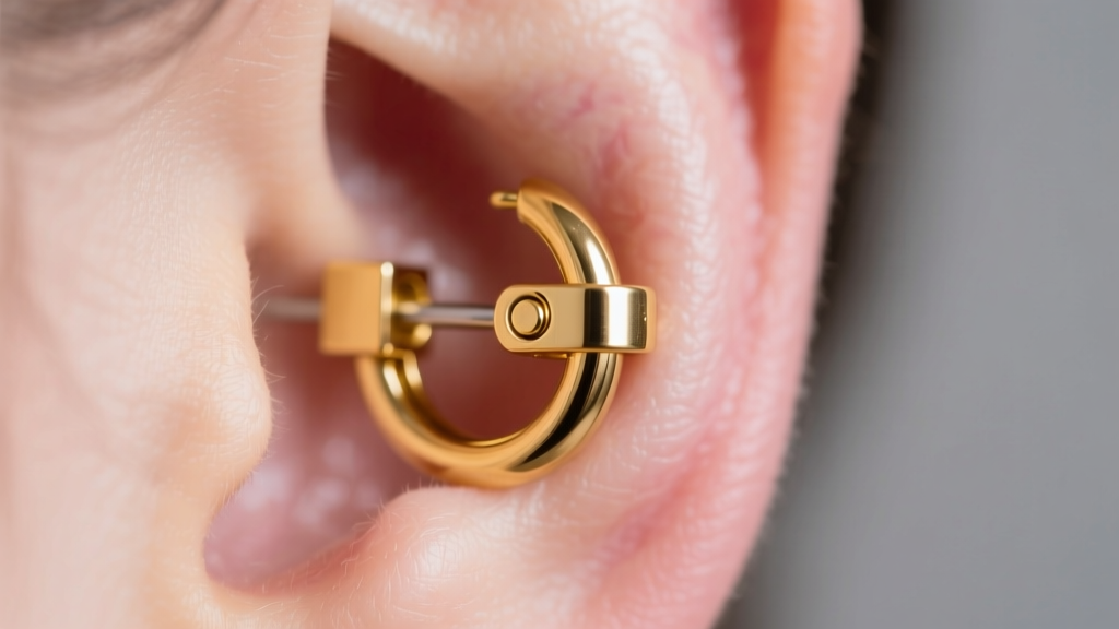Macro shot of a 20-gauge gold hoop earring passing through an earlobe, highlighting a secure clicker closure mechanism