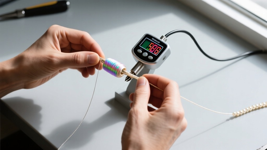 Overhead view of a jeweler using a digital tension gauge to test the tensile strength of Size F silk pearl knotting thread