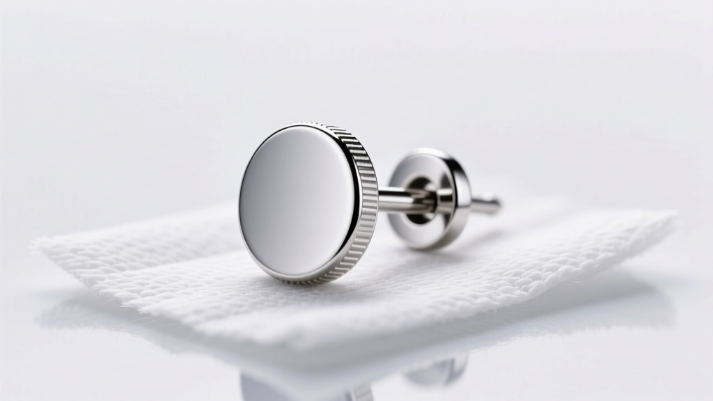 Macro shot of a titanium metal stud earring with a flat back, resting on sterile white gauze under bright clinical lighting.