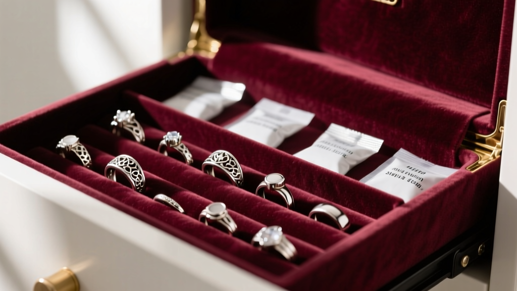 Open velvet-lined jewelry armoire drawer displaying anti-tarnish strips, silica gel packets, and neatly organized silver rings.