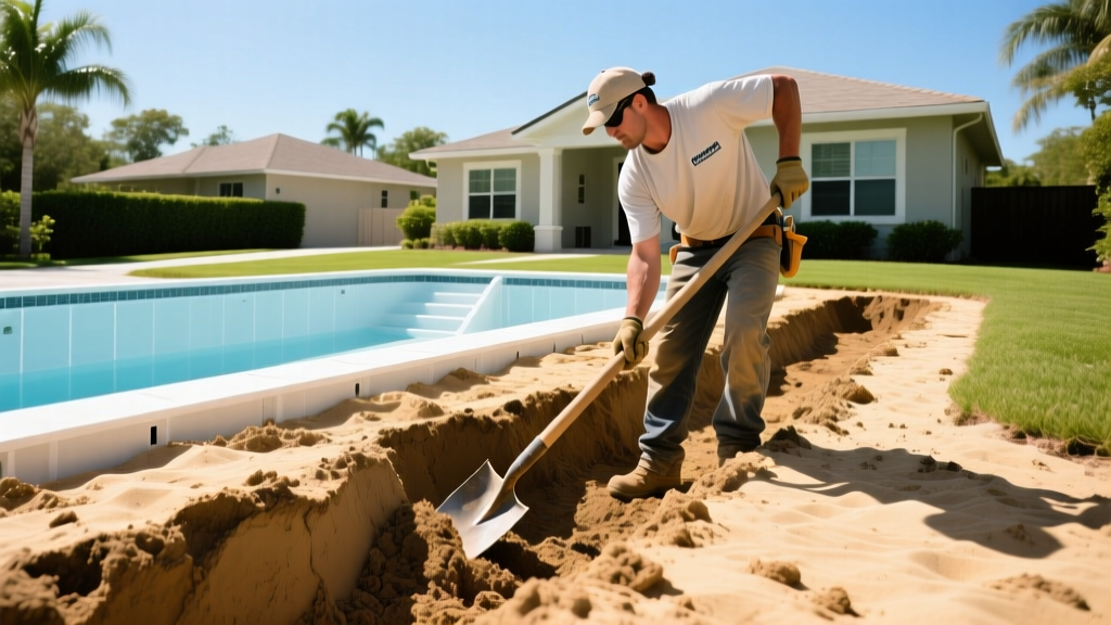 Contractor excavating sandy soil for a fiberglass pool installation in central Florida residential property