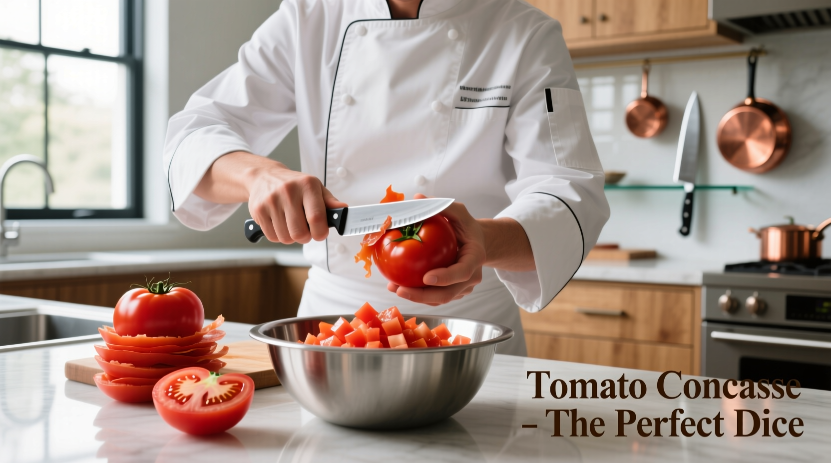 Chef demonstrating tomato concasse technique with peeled tomatoes