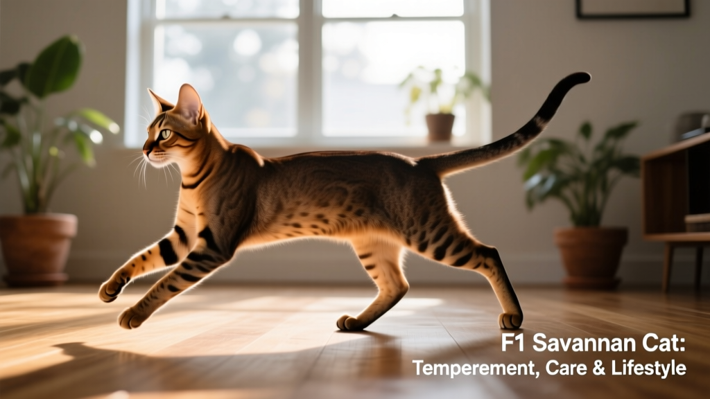 Side profile of an F1 Savannah cat mid-stride, highlighting its long legs, slender torso, and alert posture