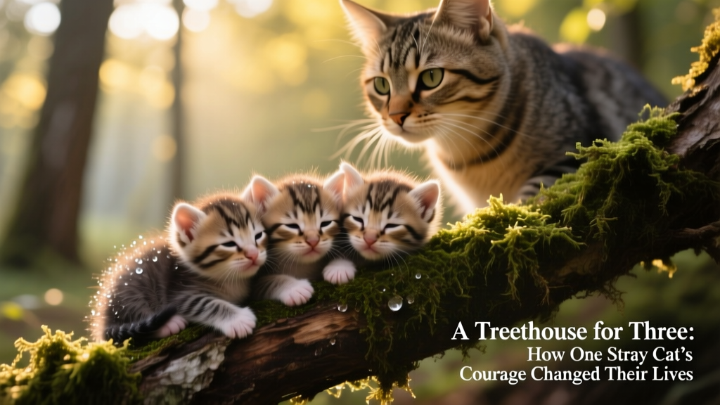 Close-up of three fluffy kittens huddled together on a mossy branch, eyes barely open, under watchful supervision of their mother