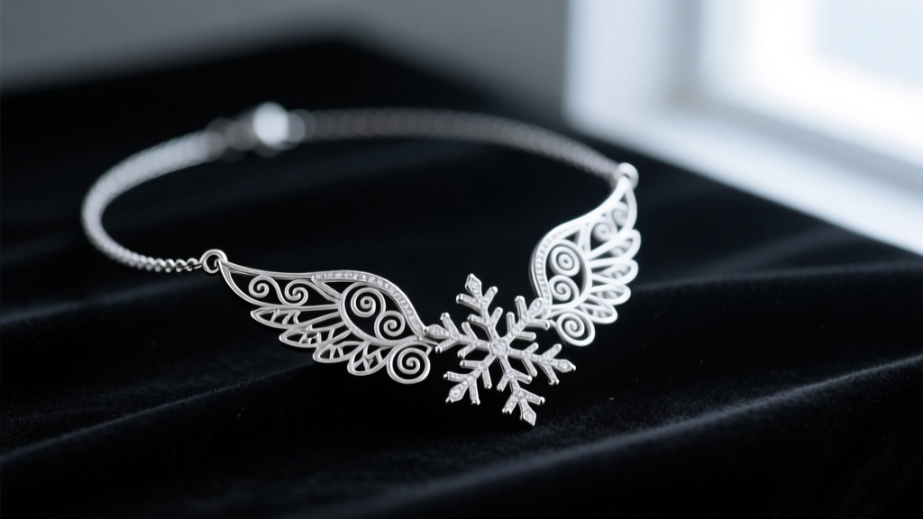 Close-up of delicate silver artic angel necklace with snowflake wings on dark velvet, highlighting intricate filigree details.