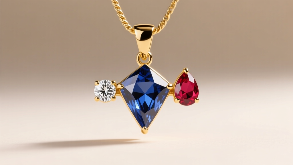 Gold pendant with kite sapphire, round diamond, and pear ruby on a cable chain against a soft diffused studio lighting backdrop.