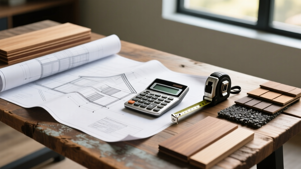 Architectural blueprints on a wooden table beside a calculator, tape measure, engineered wood siding, and asphalt shingle samples