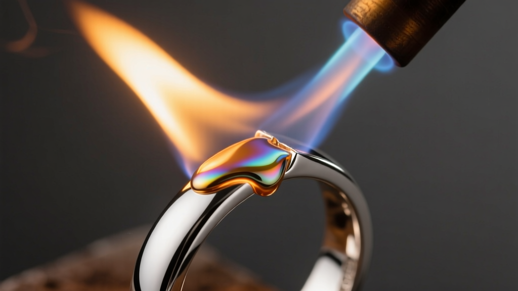 Close-up of a torch heating a sterling silver ring shank, with hard silver solder near the joint under warm studio lighting.