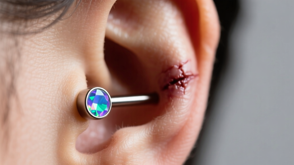 Side profile of a healed earlobe wearing a 12-gauge threadless titanium labret stud with an opal gemstone end, macro photography.