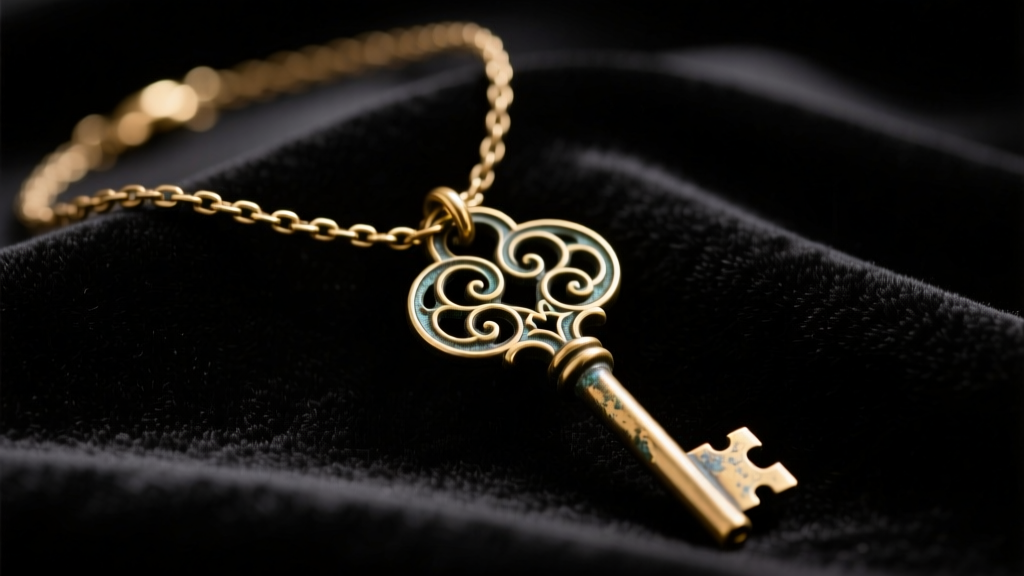 Close-up of an ornate vintage brass key necklace on dark velvet, highlighting intricate filigree and oxidized patina details.