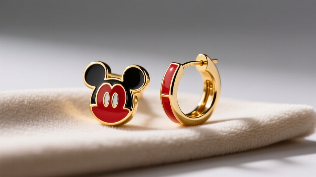 Gold-plated Disney Mickey hoop earrings on a microfiber cloth under soft light, highlighting vibrant red and black enamel details.
