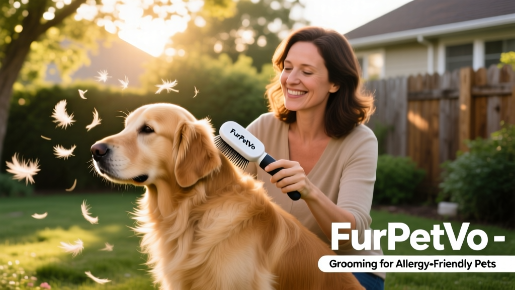 A person brushing their dog outdoors with a FurPetVo-branded grooming kit, showing visible loose fur being collected
