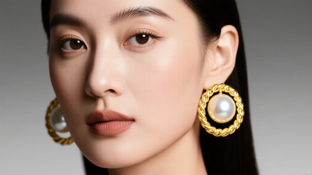 Close-up of a woman wearing oversized 14k yellow gold button pearl earrings with twisted rope borders under soft studio lighting.