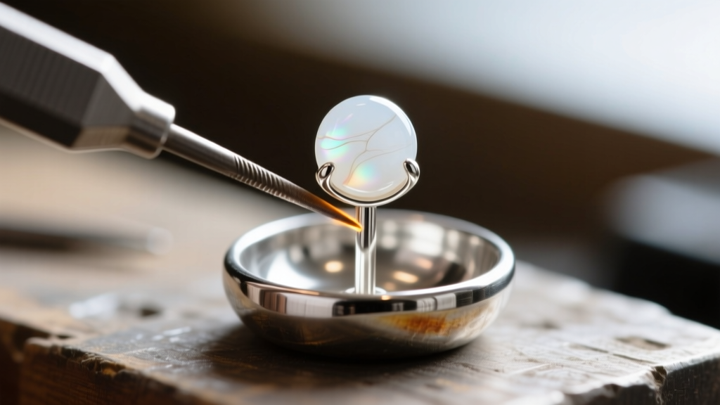 Jeweler loupe view of a 20-gauge sterling silver post soldered to a bezel cup, preparing to set a 6mm round white agate cabochon.