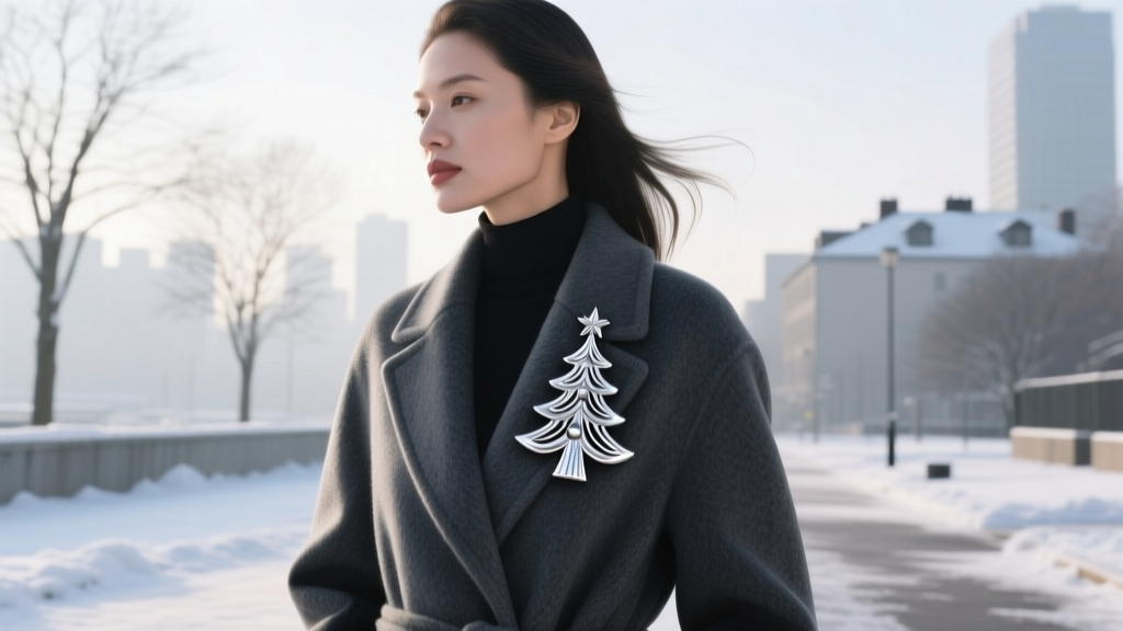 Woman wearing a chunky mid-century silver Christmas tree brooch pinned to the lapel of a tailored charcoal grey wool winter coat