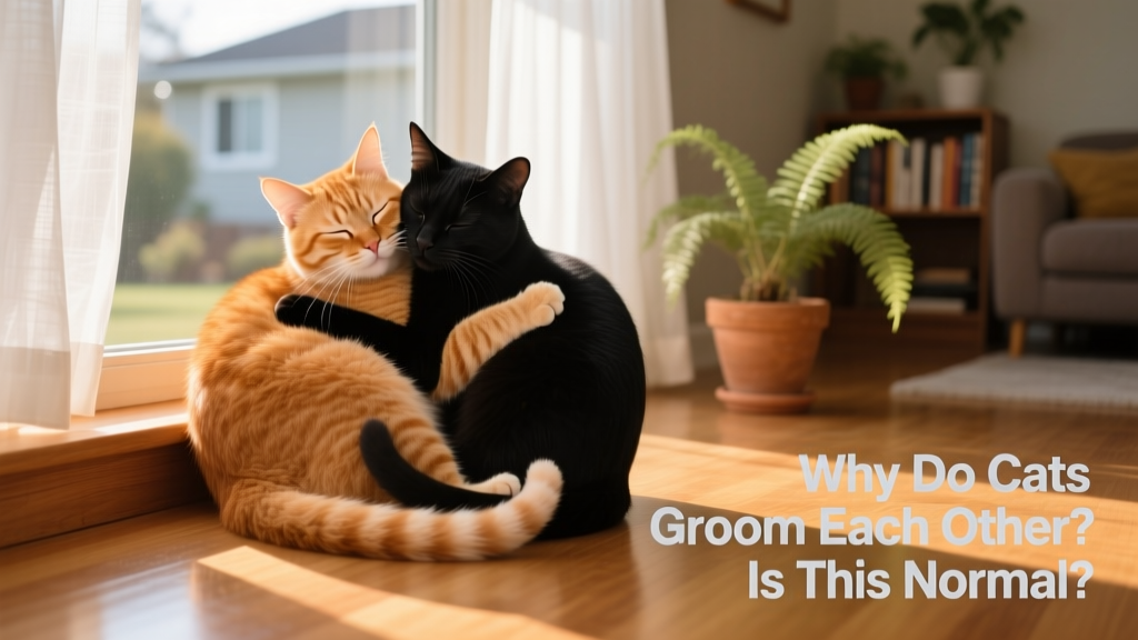 Two cats gently grooming each other while curled up together on a sunlit windowsill