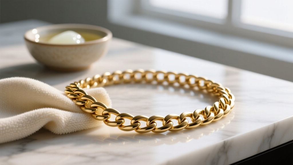 Soft microfiber cloth wiping a thick glossy 18k gold Cuban necklace, with a small bowl of mild soap blurred in the background.