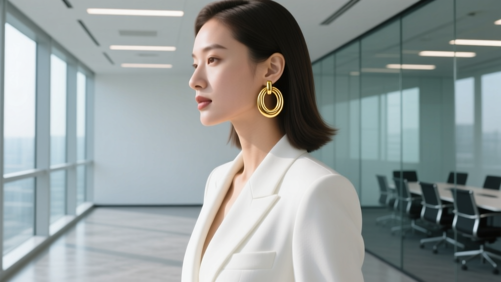 Side profile of a woman wearing medium 14k solid gold structured hoop earrings with a crisp white blazer in a bright modern office