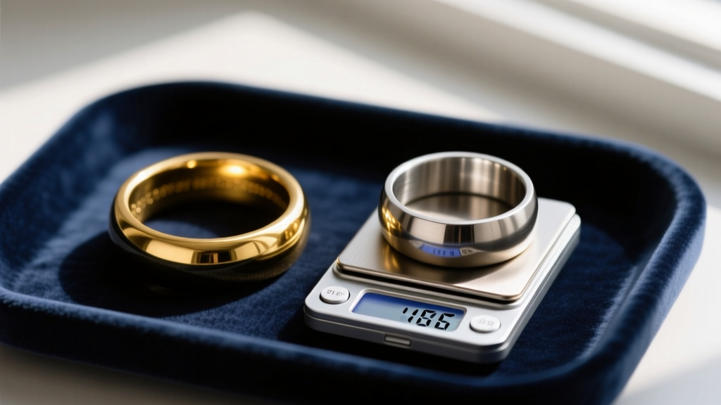 Macro shot of a solid gold hoop and hollow titanium hoop on a velvet tray next to a digital scale showing the weight difference